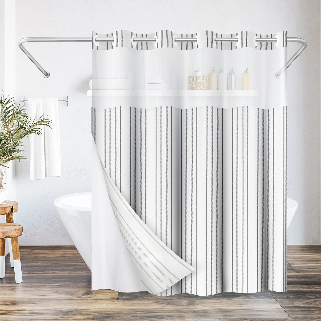 Americanflat 72x75 Hookless Shower Curtain - Water-Resistant Shower Curtain with Sheer Panel, Snap-In Liner, and Grommets - 100% Polyester